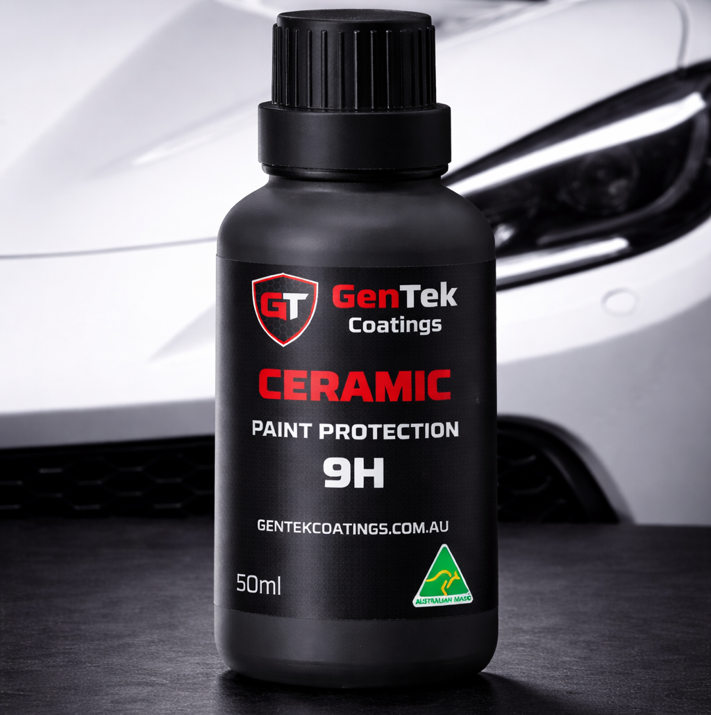 GenTek Coatings ceramic paint protection bottle with a car in the background