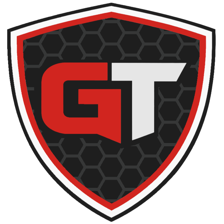 Shield-shaped logo with 'GT' in red and white on a black honeycomb background