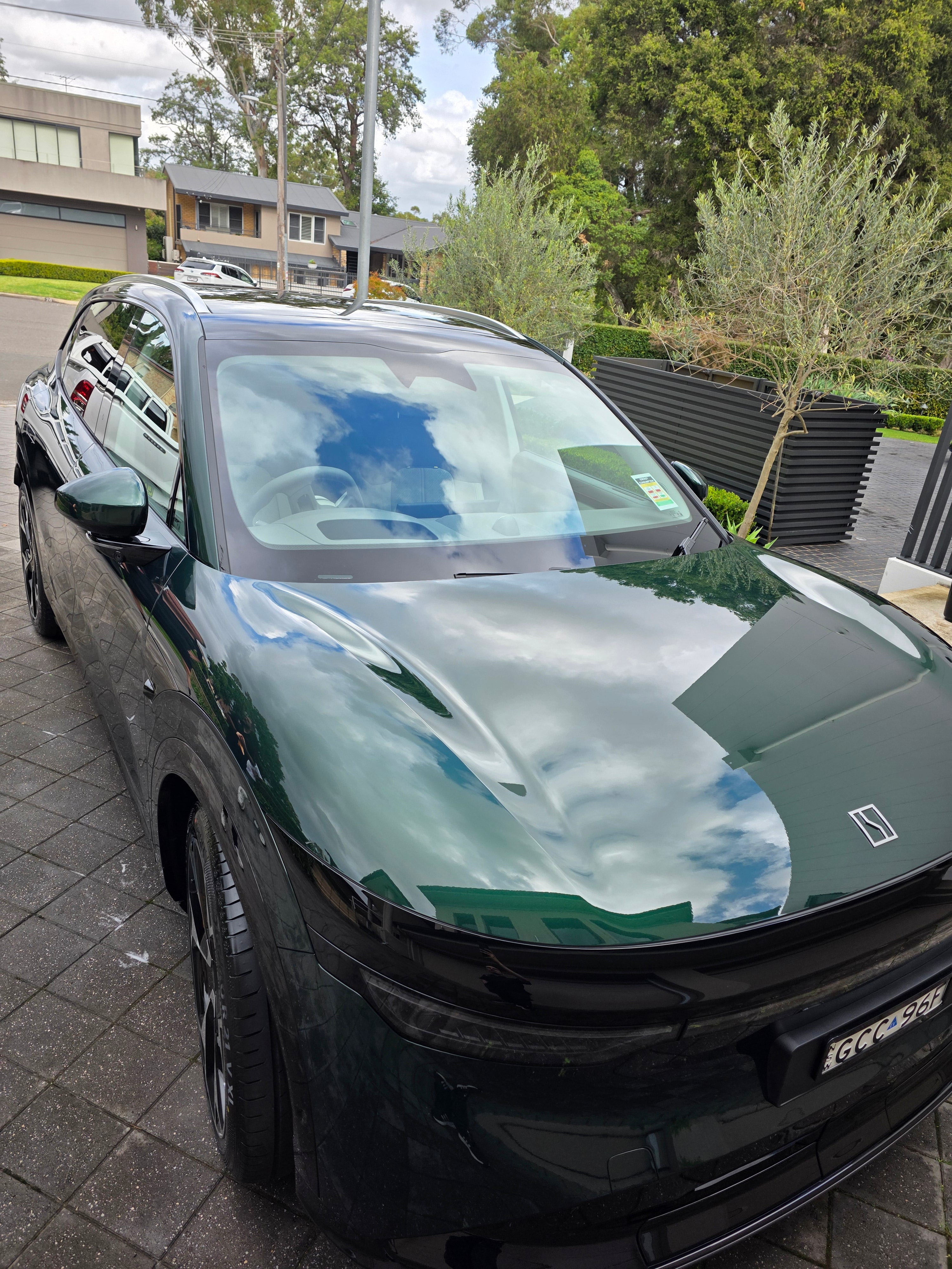 Dark Green SUV parked on a driveway with trees and houses in the background