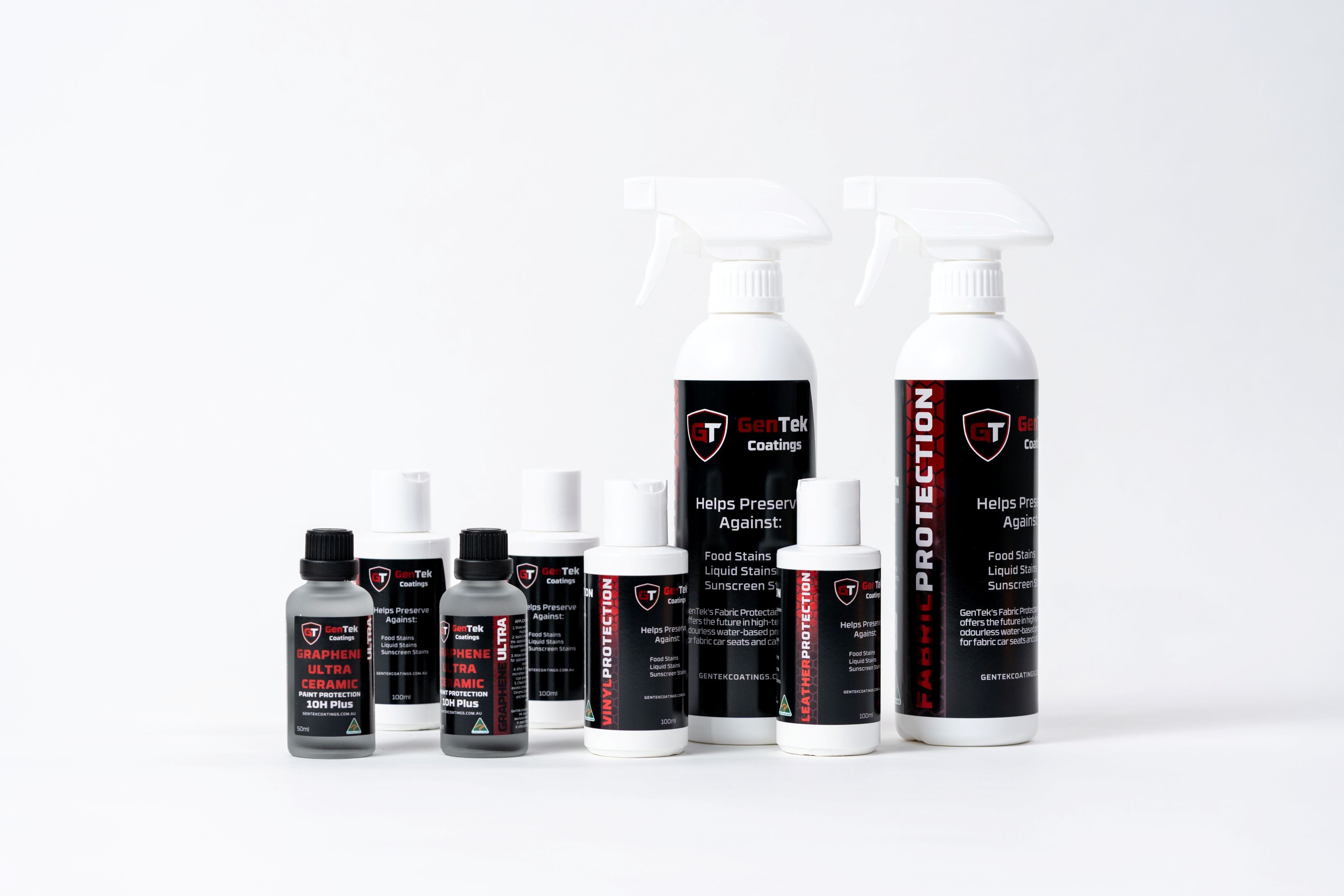 GenTek car protection product range including graphene ceramic coating, fabric, vinyl and leather protection.