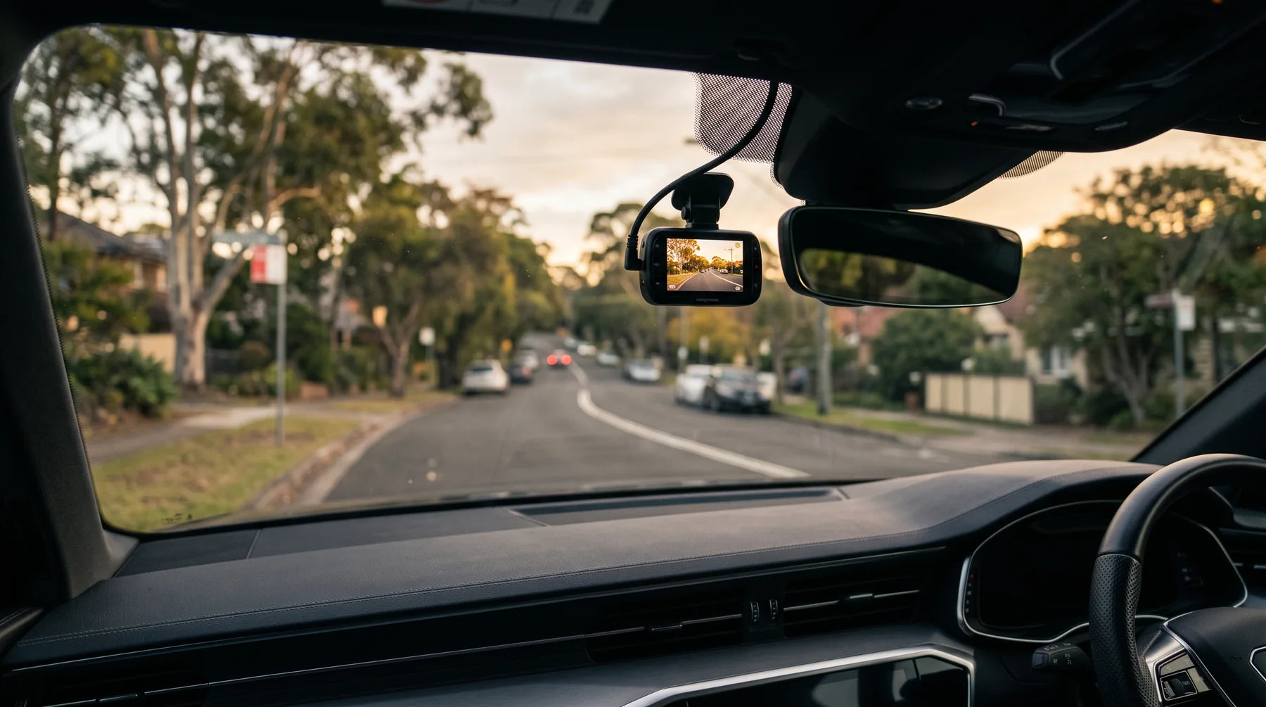 A dash cam behind the rear-view mirror